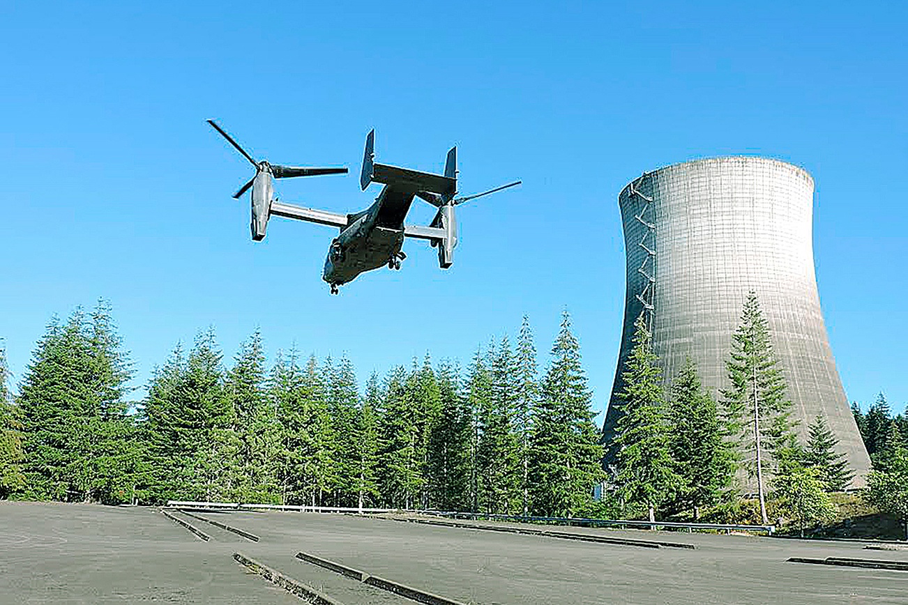 U.S. military Osprey aircraft fly’s over the Satsop Business Park south of Elma