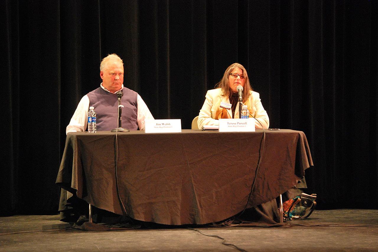 Bob Kirkpatrick | Grays Harbor Newspaper Group                                Jim Walsh reacts to Teresa Purcell during the Legislative Forum held Thursday at Aberdeen High School.