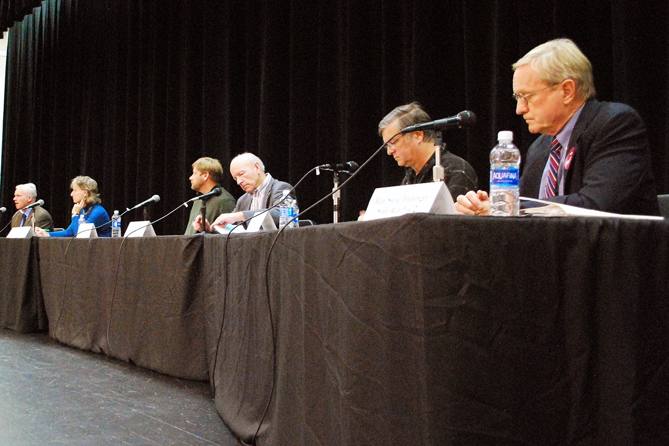 Bob Kirkpatrick/Daily World photo 24th Legislative District candidates (from left) Kevin Van De Wege, Danille Turissini, Mike Chapman, George Vrable, John Alger and Steve Tharinger