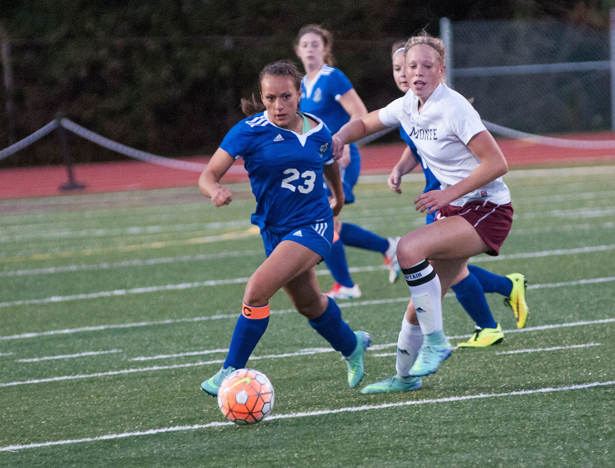 (Brendan Carl | GH Newspaper Group)                                Elma’s Tawni Heller and Montesano’s Samantha Stanfield battle to get to the ball during an Evergreen 1A League match at Jack Rottle Field on Tuesday, Sept. 27.