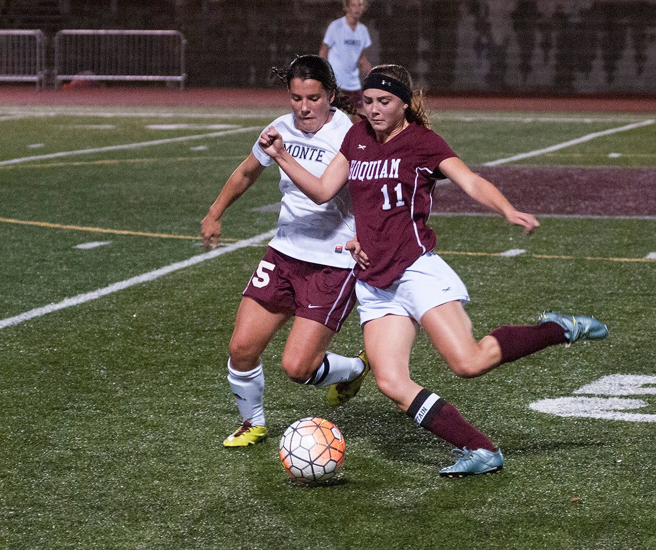 (Brendan Carl | GH Newspaper Group)                                Montesano’s Hannah Quinn and Hoquiam’s Maya Jump battle for the ball during an Evergreen 1A League match on Tuesday, Oct. 4.