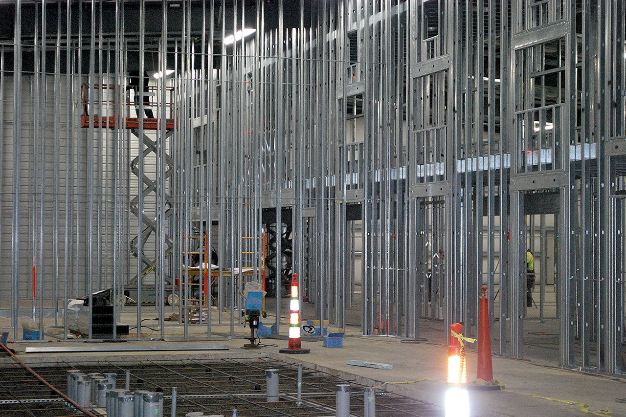 What was an empty dry storage warehouse just a month ago is rapidly taking shape as a state-of-the-art marijuana growing operation. The Enterprise warehouse at the Satsop Business Park will house a large marijuana grow facility as early as April, which will employ up to 70 people. The lower level is being separated into growing houses, which will nurture the marijuana plants at different points of the growing process; the upper level will be an electrical mezzanine to accommodate all the wiring and ductwork required for such a facility. DAN HAMMOCK THE DAILY WORLD