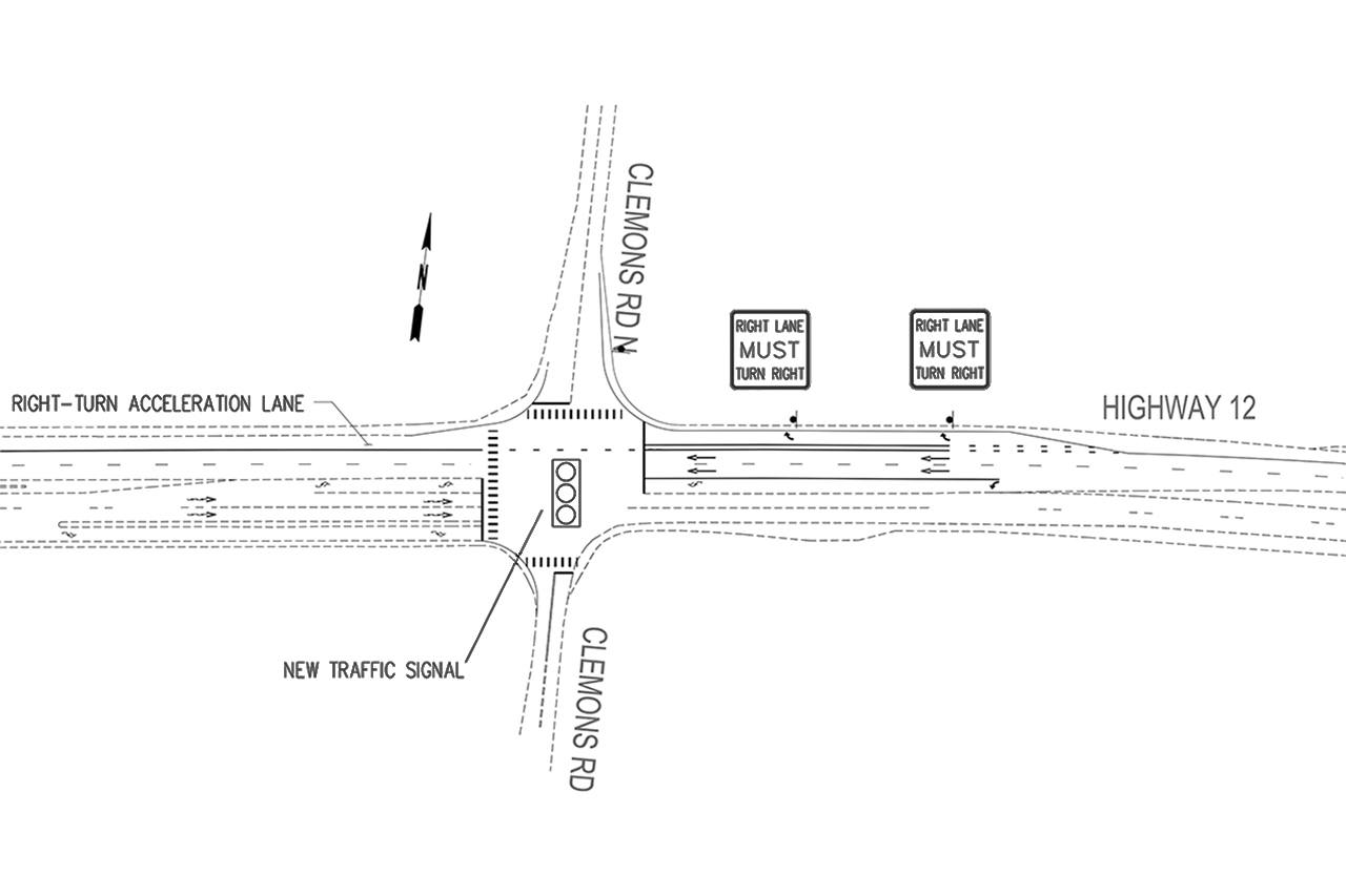 (Image by SCJ Alliance Consulting Services)                                Proposed changes to the intersection for Highway 12 at Clemons Road. A new solid waste transfer station off North Clemons Road will see the installation of a traffic signal (stop light) on Highway 12.