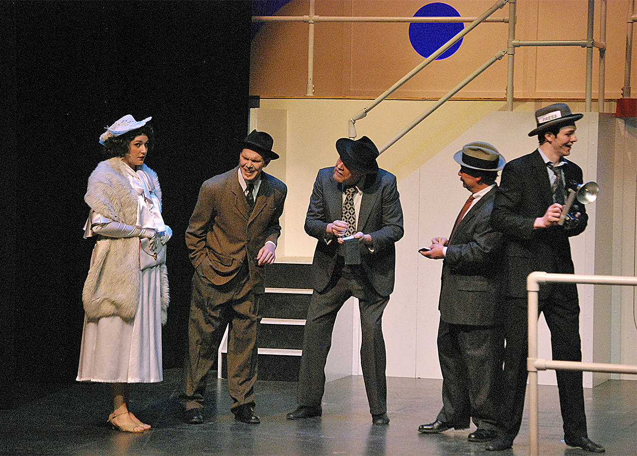 Hope Harcout, played by Keola Holt and her finacee Lord Evelyn Oakleigh, played by Dan Jackson, are questioned by reporters Daryl Johnson, Michael Amendola and Jeff Ryser as the board the ship bound for London. (BOB KIRKPATRICK|THE DAILY WORLD)