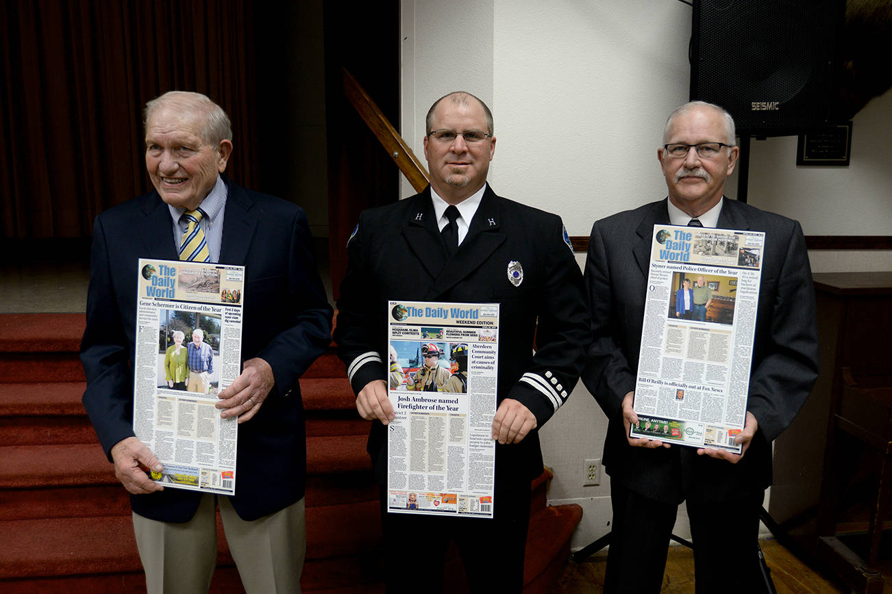 Dan Hammock | Grays Harbor Newspaper Group                                The Daily World’s annual Citizen of the Year banquet was held Thursday at the Hoquiam Elk’s Lodge. Pictured are Citizen of the Year Dr. Eugene Schermer, Firefighter of the Year Josh Ambrose, and Police Officer of the Year Mike Styner.