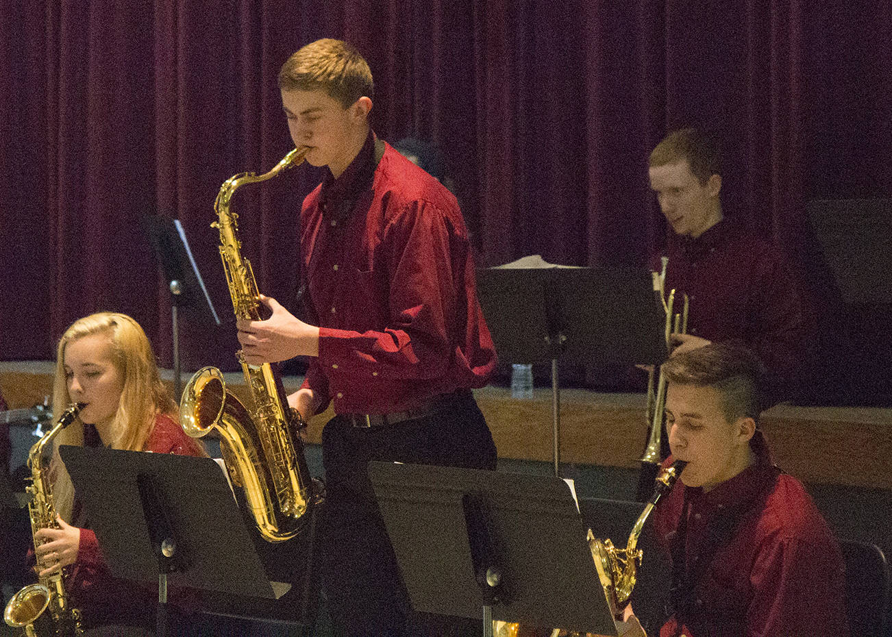 (Travis Rains | The Vidette) Braden Stowers solos at the Jazz-n-Desserts fundraiser April 23 at the Montesano High School. From left to right: Alexandria Casey, Braden Stowers, Colin Meeks and Cyrus Parsons.