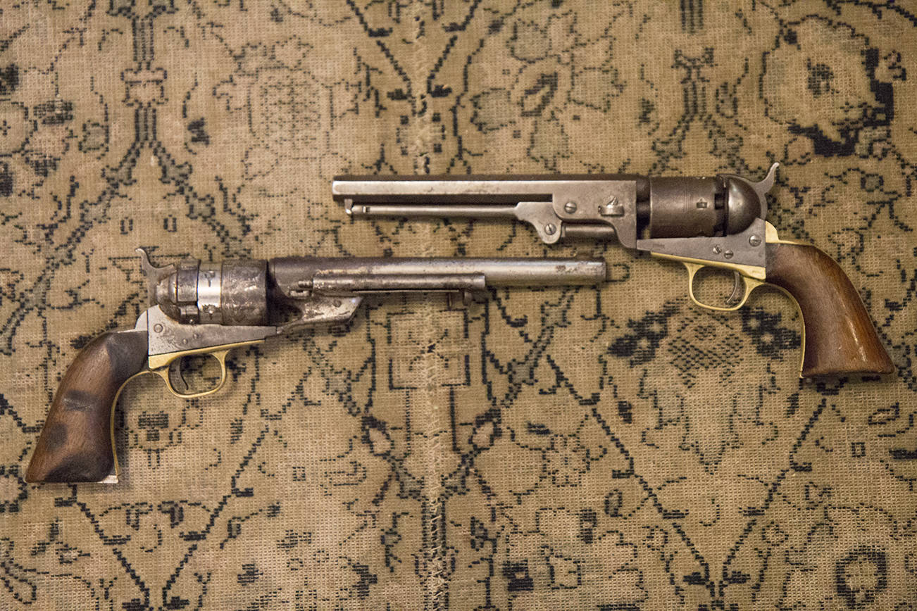 (Travis Rains | The Vidette) The Jewett .44 Caliber 1860 Army Colt Type 1 Richards Conversion (left) and the Twidwell .36 Caliber 1851 Navy Colt are now on display at the Chehalis Valley Historical Museum at 703 W. Pioneer Ave. in Montesano.