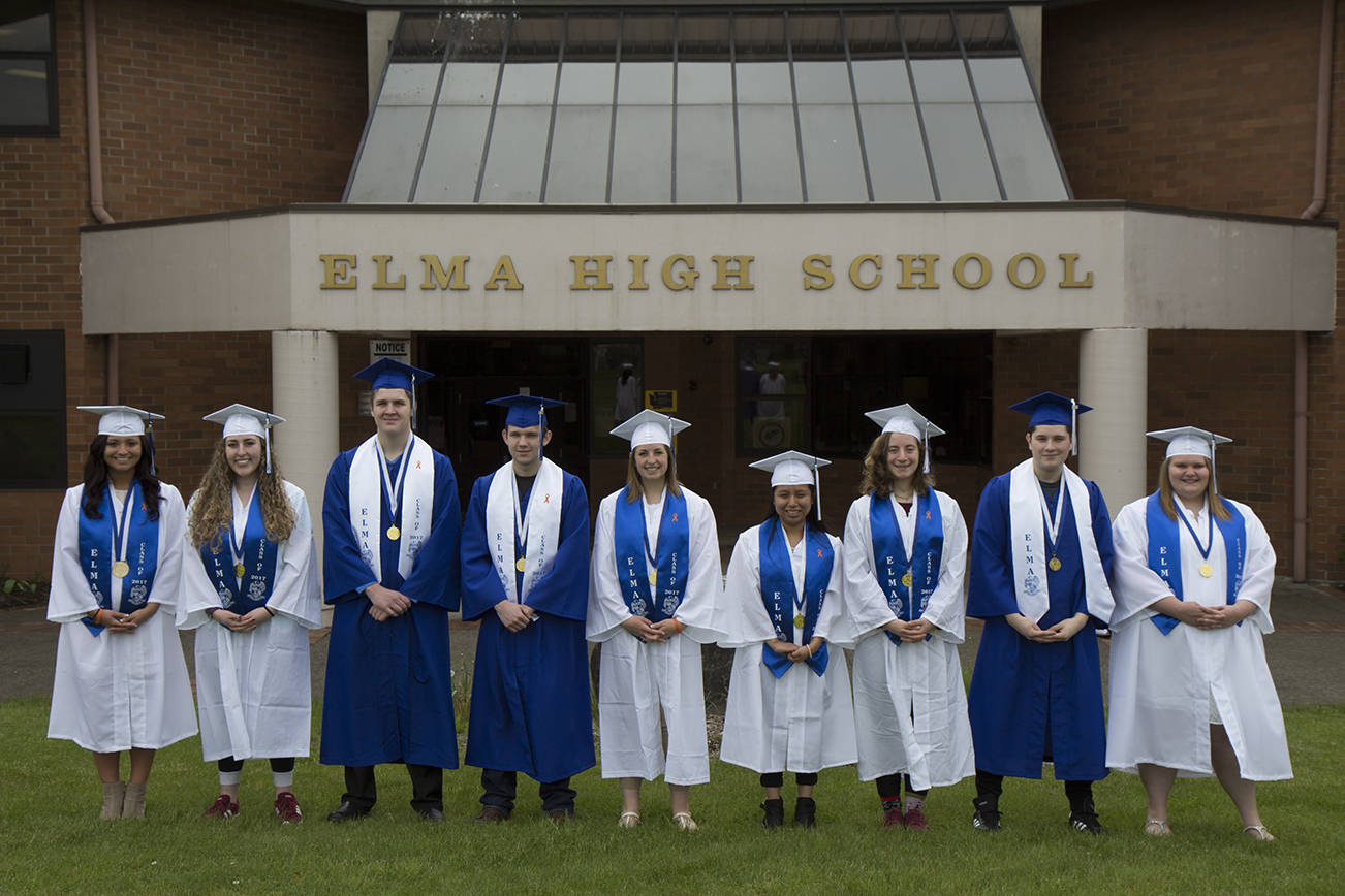 (Travis Rains | The Vidette) Elma High School Class of 2017 top students from left to right: McKenzie M. Neary, Catherine I. Paape, Donovan C. Knutson, Spencer T. Keating, Peyton M. Elliott, Linda M. Ramirez, Victoria T. Aukland, Antonio Lopez-Garcia and Kendal M. Harner. Rebecca V. Heelan is not pictured.