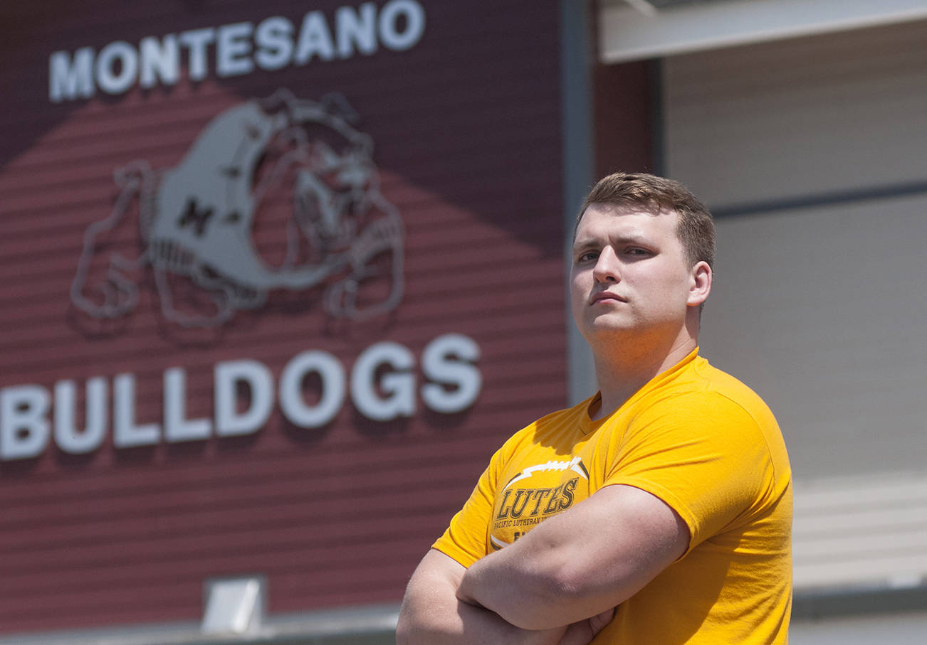 (Brendan Carl | Grays Harbor Newspaper Group) Montesano’s Taylor Rupe poses in front of Jack Rottle Field. Rupe has signed to play football at Pacific Lutheran University next season.