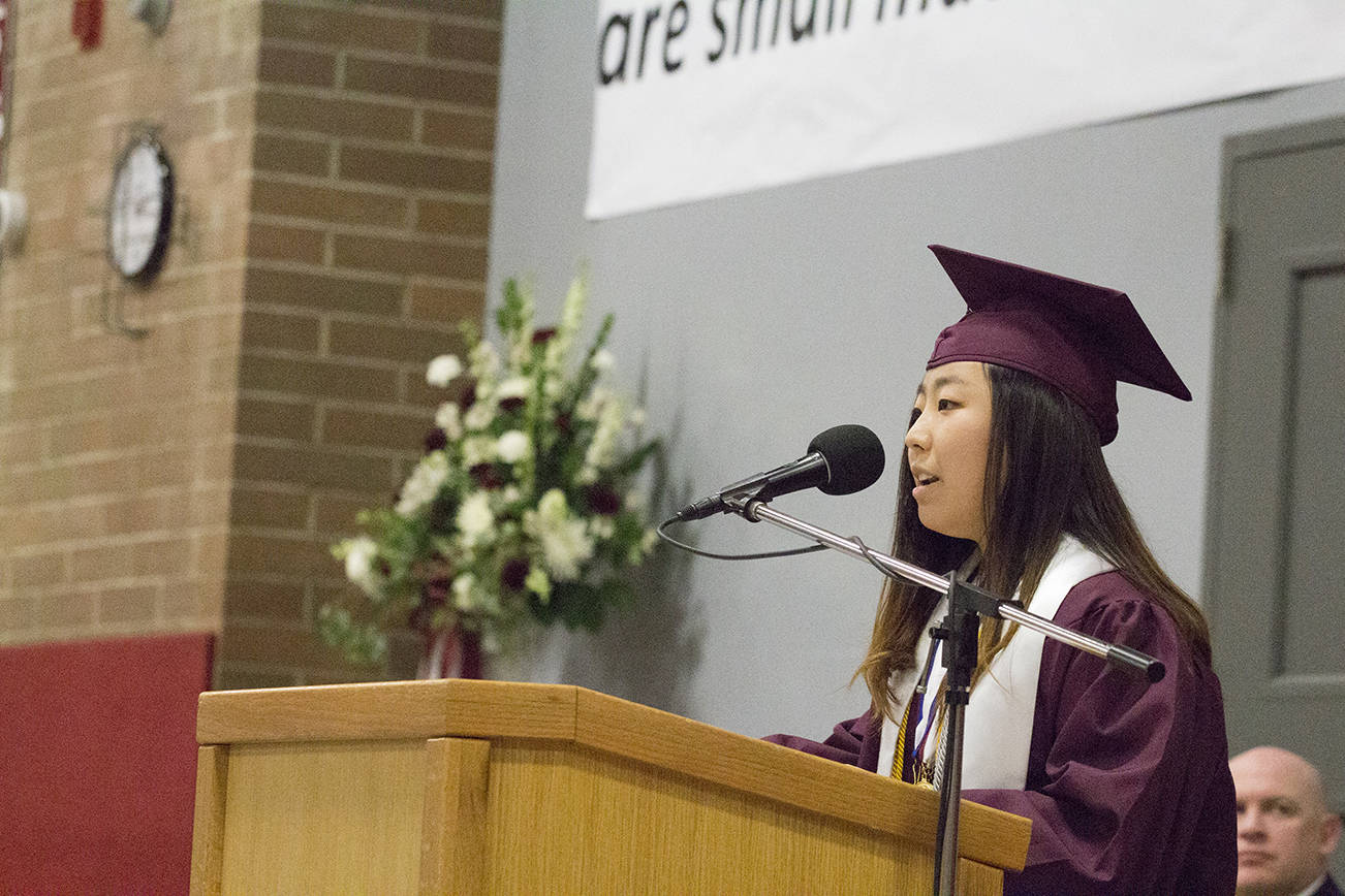 (Travis Rains | The Vidette) Montesano Valedictorian Joa Yun delivers a farewell speech to her fellow graduates June 11.