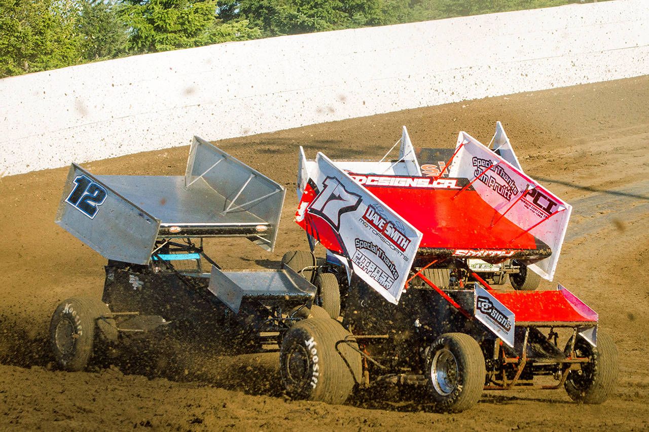 (Grays Harbor Raceway photo) Sprint cars race in this Grays Harbor Raceway file photo. Racing action returned to Grays Harbor Raceway on July 22.