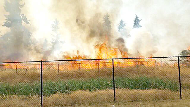 (Photo credit West Thurston Fire Authority and DNR) Residents of Kupers Court banded together to help stop the damage spread by the wildfire by hosing off fences being charred by the blaze.