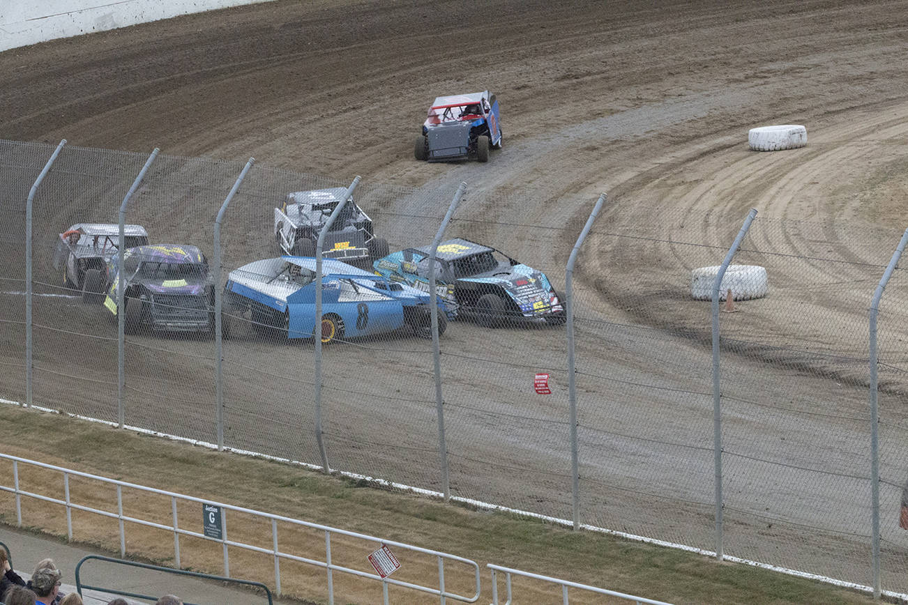 (Corey Morris | The Vidette) Steve Bulpitt of Port Orchard ends up sideways during a modifieds heat race on Aug. 12 at Grays Harbor Raceway. The race coincided with the Grays Harbor County Fair.