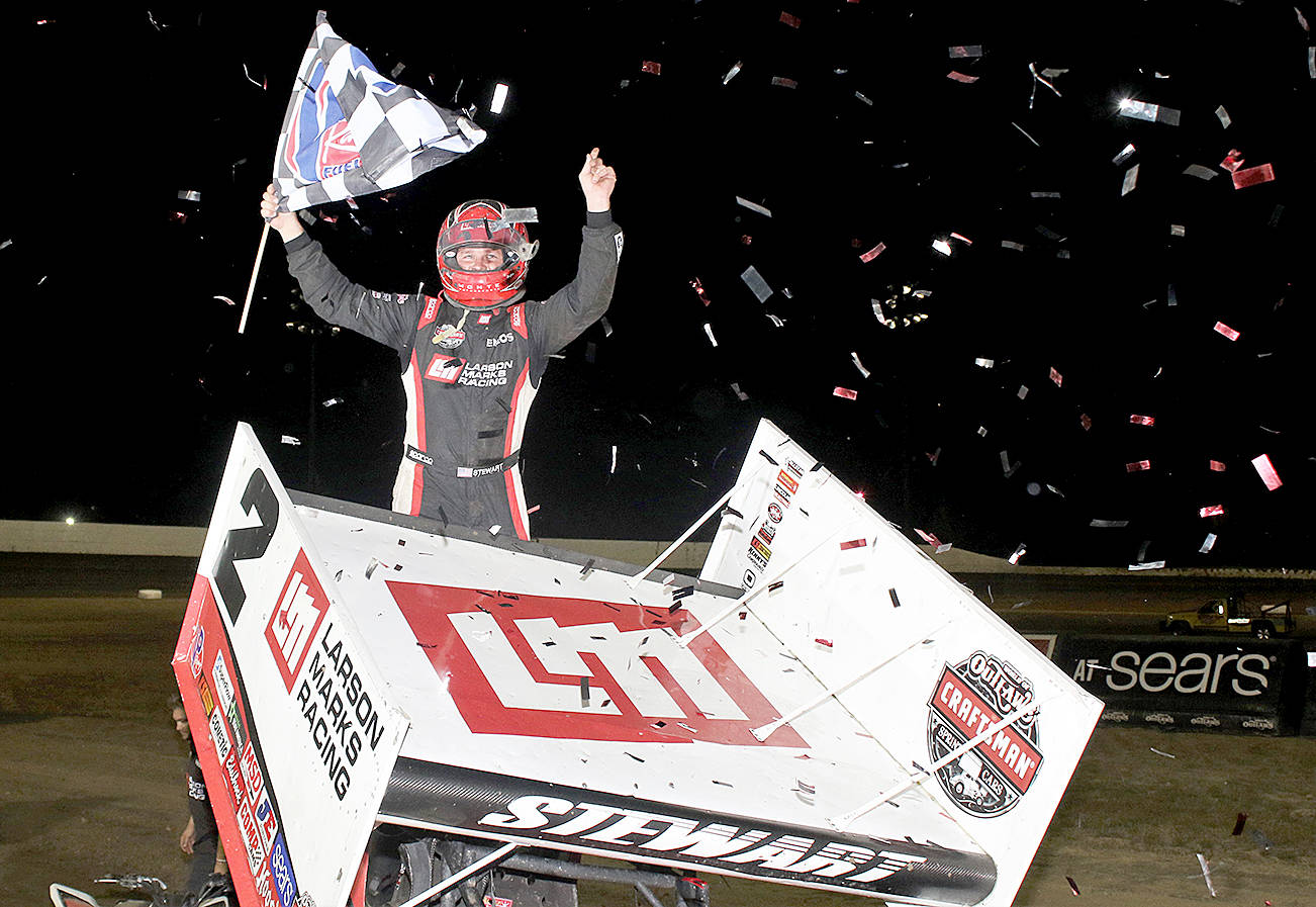 (Brendan Carl Photography) Shane Stewart celebrates after winning the World of Outlaws main event at Grays Harbor Raceway on Sept. 4.
