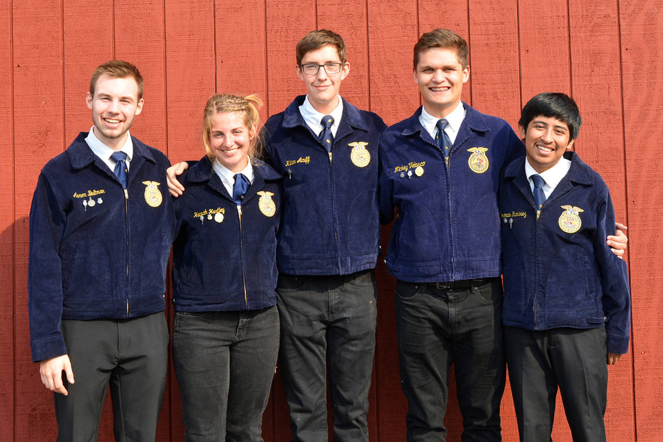 State Poultry Champ: Elma FFA wins state poultry science career development event at the Washington State Fair in Puyallup. The FFA members will travel to Indianapolis to compete in the National FFA Convention Oct. 22-28. From left: Aaron Bultman (third overall), Hannah Hartley (first overall), Kilian Acuff (seventh overall), Mickey Velasco (second overall), and Florencio Ramirez-Ramirez (fifth overall).