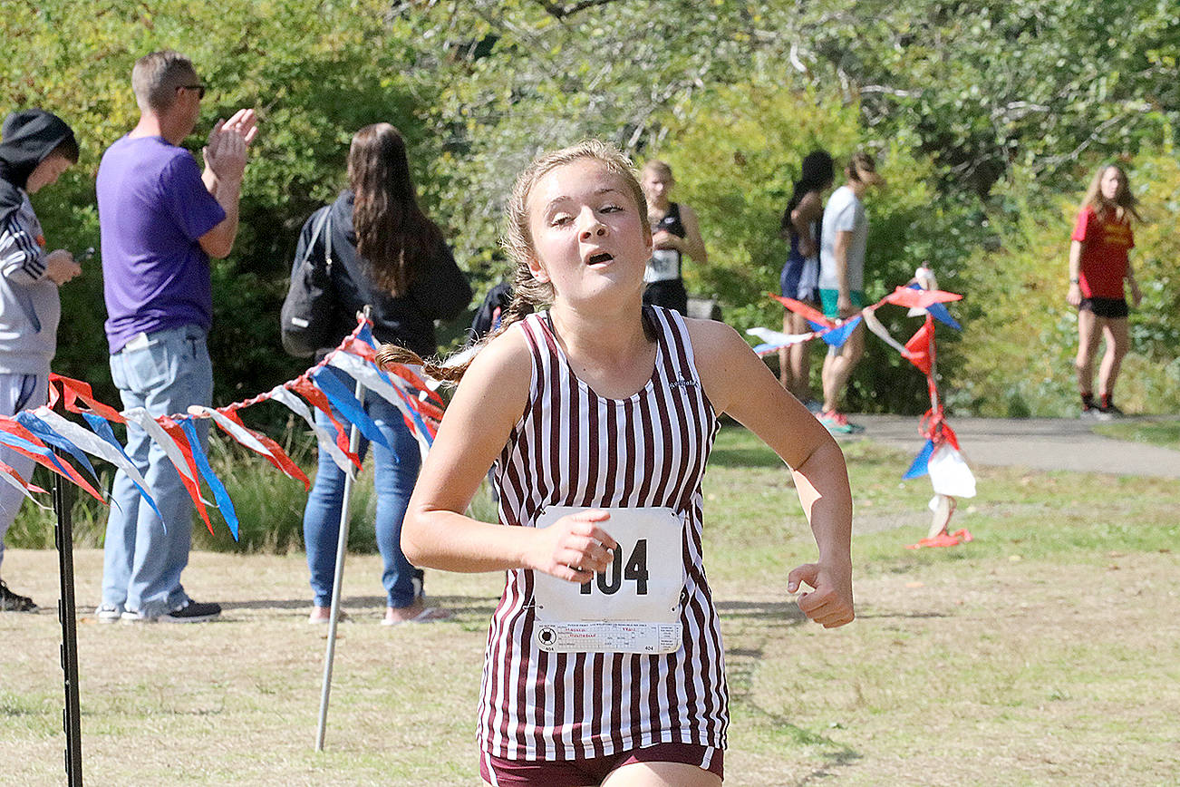 (Travis Rains | The Vidette) Montesano’s top female finisher Madelyn Prall crosses the finish line at the Mark Lyle Memorial Invitational at Lake Sylvia State Park on Saturday. Prall finished sixth overall.