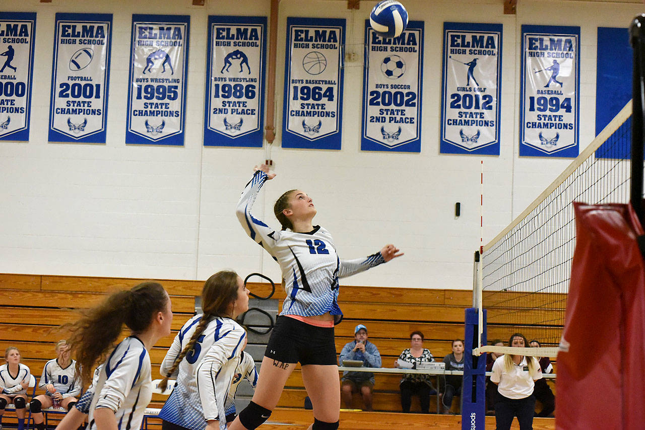 (Photo by Sue Michalak) Elma’s Jalyn Sackrider goes up for a spike in the Eagles’ victory over rival Montesano on Tuesday night. Sackrider had eight kills and three aces during the match.
