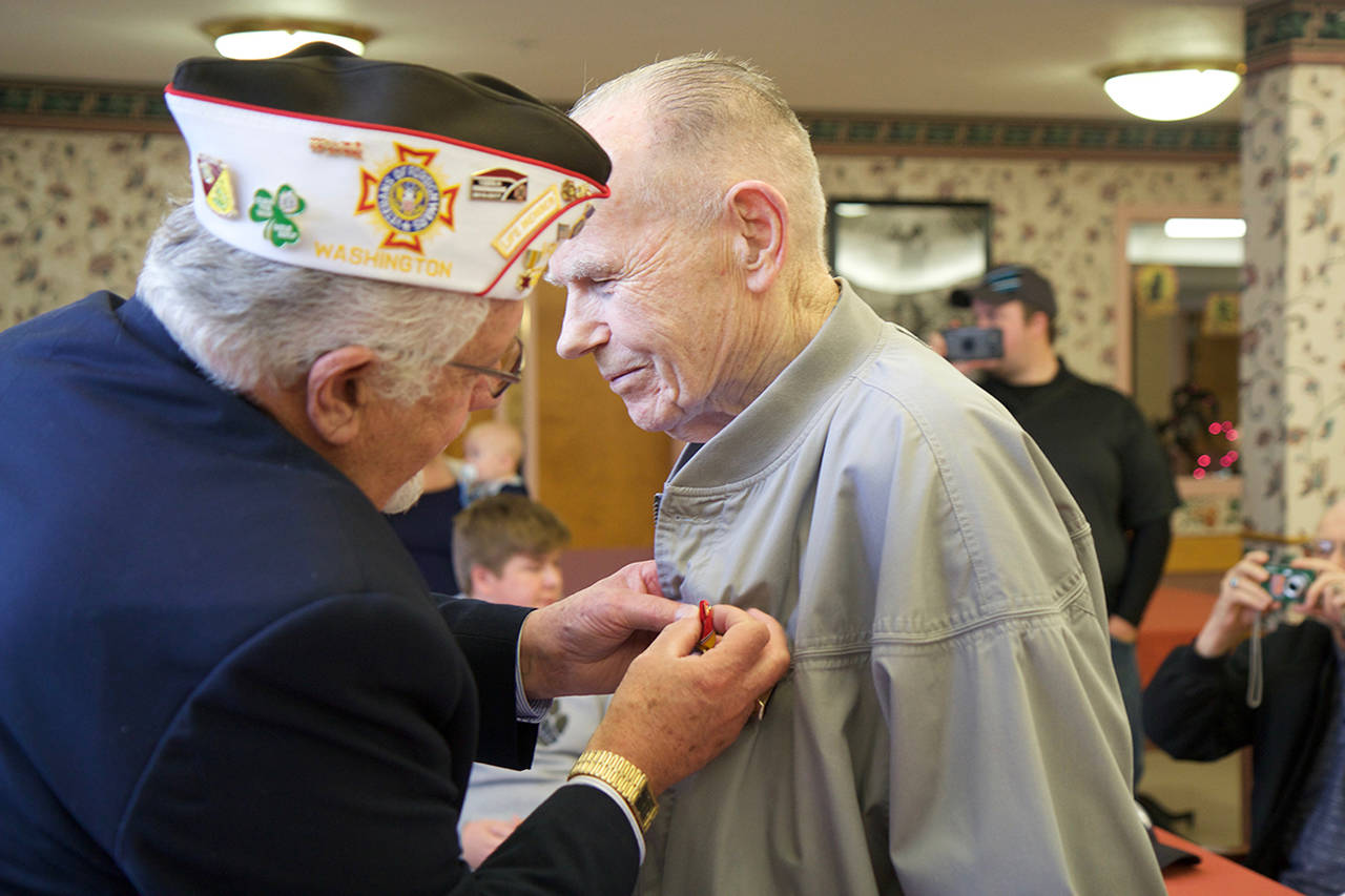 (Corey Morris | The Vidette) Robert Spaur of Aberdeen is awarded medals from the Korean War that he had never received. The medals were pinned to Spaur during a short VFW ceremony on Oct. 11 at Montesano Health and Rehabilitation Center.