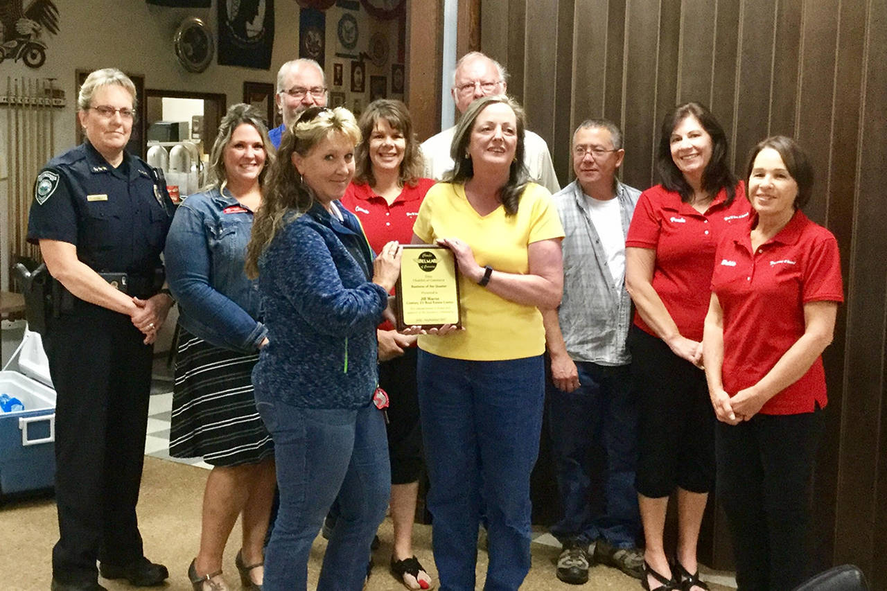 (Elma Chamber photo) The Elma Chamber of Commerce selected Jill Warne of Century 21 Real Estate as the third quarter Business of the Quarter. From left, Chamber board members Susan Shultz, Bernadette Bower, Edward Jones board member Darrell Ferguson, Jill Warne, Elma Chamber office assistant Connie Brown, board member Rick Jensen, board president Stephanie Rangel, board vice-president Scott Phillipi, Elma Chamber directors Paula Jones and Debbie Adolphsen.