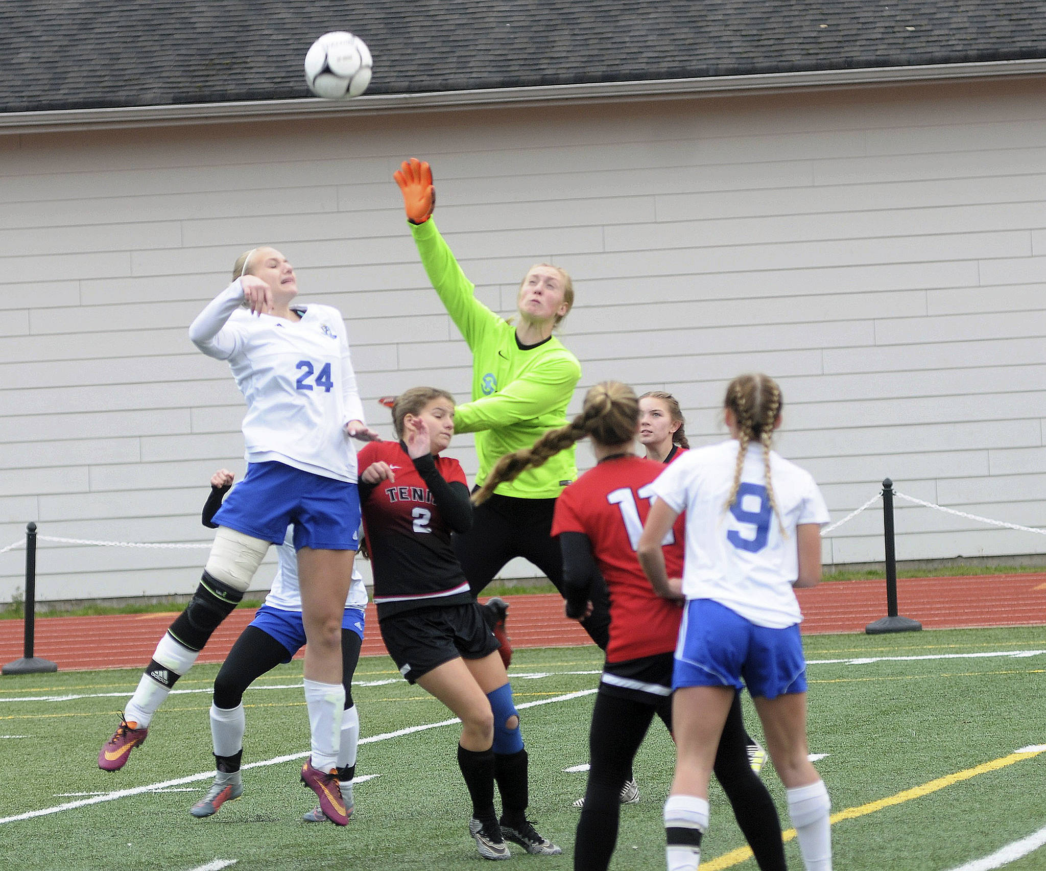 Hasani Grayson | The Daily World                                Molly Johnston (24) goes up for a header against Tenino on Saturday during the third-place game in the District IV Class 1A Girls Soccer Tournament at Rottle Field.