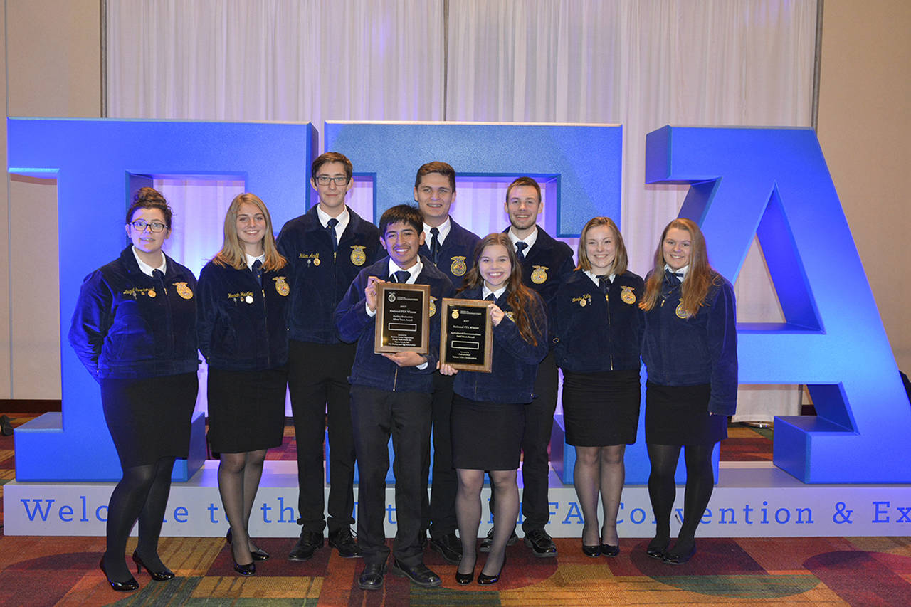 COURTESY PHOTO                                (From left) Abigail Spoonhoward, Hannah Hartely, Kilian Acuff, Florencio Ramirez, Mickey Velasco, Mikhaela Nelson, Aaron Bultman, Shayla Kelly, and Paige Kershaw. Elma FFA group that attended the National FFA Convention in Indianapolis, Ind.