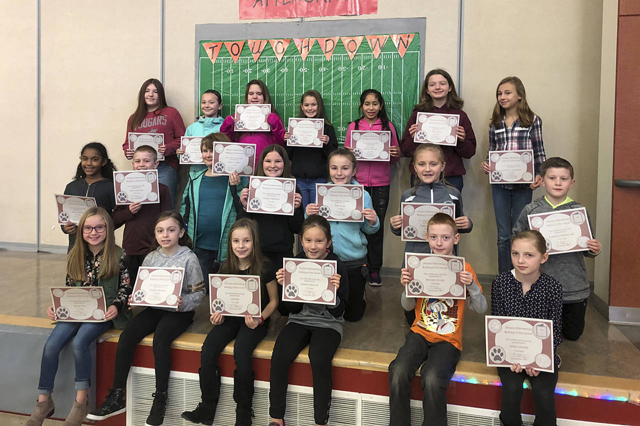 From left, top row: Georgia Gill, Willobelle Valentine, Emma Gulke, Madison Lundgren, Envayelin Arevalo Martinez Ava Couch, Samantha Schweppe; middle row: Zariah Jackson, Rufus Krasowski, Ashlynn Fuller, Addisyn Meservey, Emily Kuntz, Bailey Morrison, Cade Schoenbachler; bottom row: Addisyn Rux, Maylissa Stewart, Zoe Ray, Makena Blancas, Brenden Snyder and Jessie LaLonde. These students were the November word of the month honorees at Simpson School. Courage was the November word of the month.