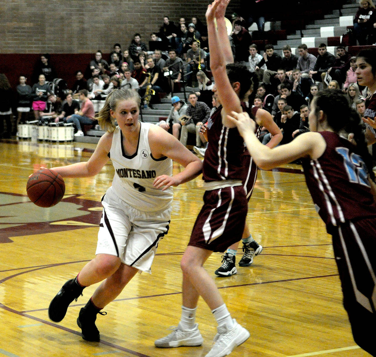 Montesano’s Zoe Hutchings drives to the basket in the first quarter of a 1A District tournament game against Stevenson. Montesano won, 66-19.