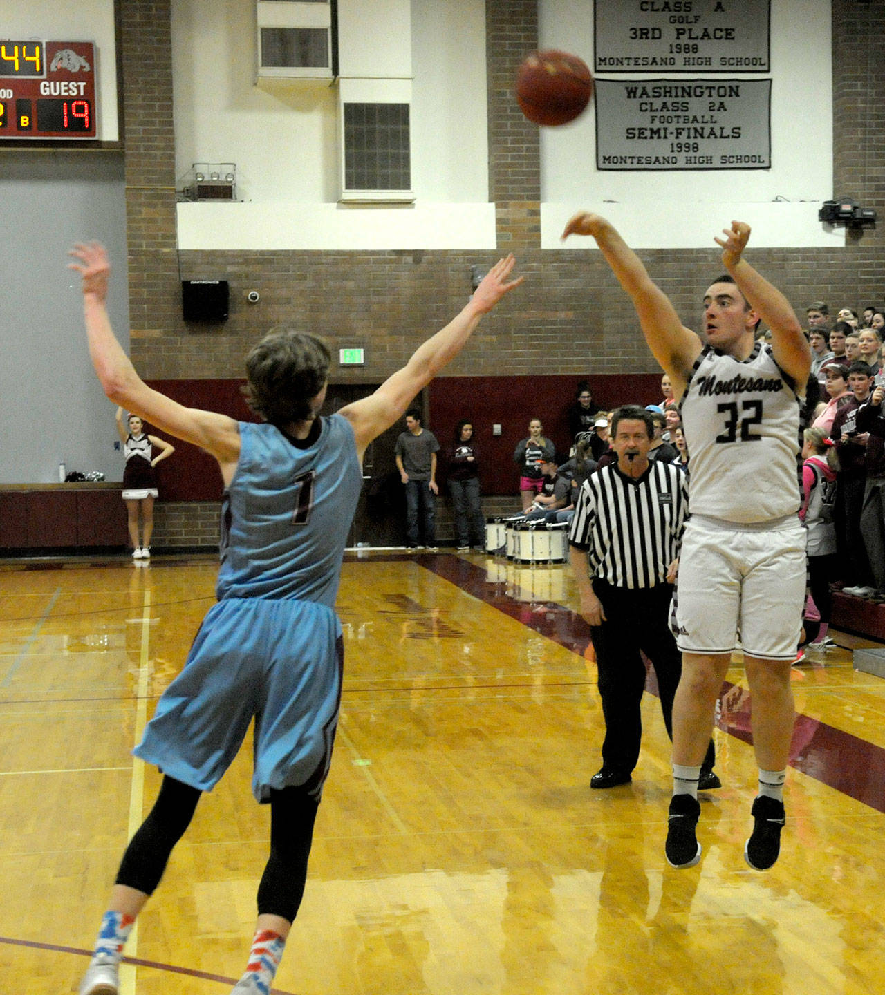 L.J. Valley drains a three point shot in the second quarter of a 1A district tournament game against Stevenson. Monte defeated Stevenson 82-46.