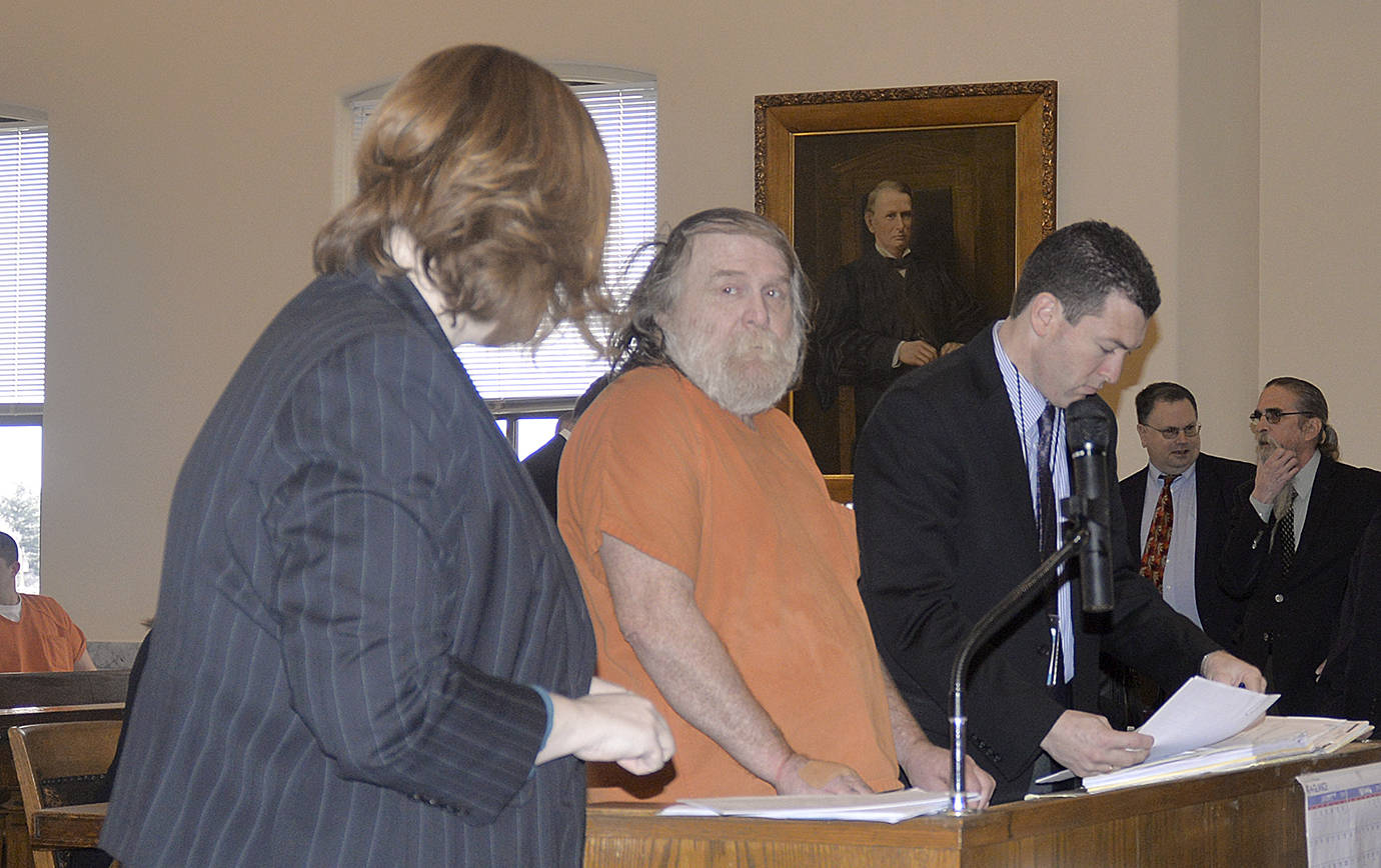 DAN HAMMOCK | THE DAILY WORLD                                Jeffrey L. Butterfield Sr. is flanked by Grays Harbor County Prosecutor Katie Svoboda and his attorney David Mistachkin during his sentencing Friday morning. Superior Court Judge Mark McCauley handed down an exceptional sentence for Butterfield’s decade of abusing and raping his twin daughters, Amber and Alicia.