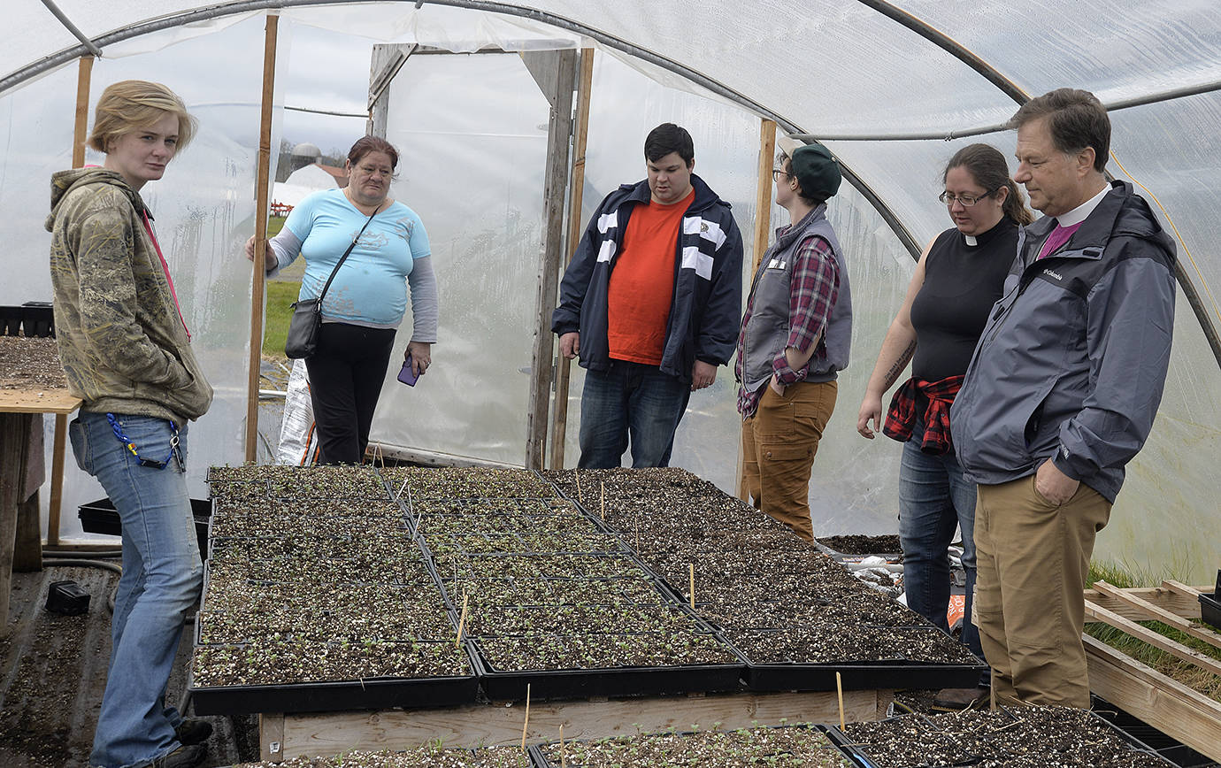 DAN HAMMOCK | THE DAILY WORLD                                Harbor Roots Farm, a 3-acre vegetable and herb garden in the Wynooche Valley, will break ground Tuesday. Three apprentices have been hired for the season. Here the group looks over the starts in a greenhouse adjacent to the farm. From left: Nita Cross, Janet Belles, James Petersen-Yeager, Hannah Jones, Reverend Sarah Monroe and Bishop Greg Rickel.