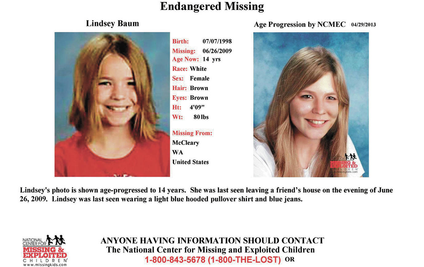 This age-progression photo comparison was prepared by the National Center for Missing and Exploited Children in 2013, showing what Lindsey Baum looked like when she disappeared from McCleary in 2009 and what she may look like at age 15.