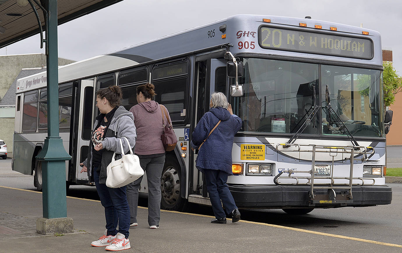 DAN HAMMOCK | THE DAILY WORLD                                Passengers ready to board a 4:20 p.m. bus at the Hoquiam transit center earlier this week. Grays Harbor Transit has brought back region-wide Sunday service and has expanded other routes this season.