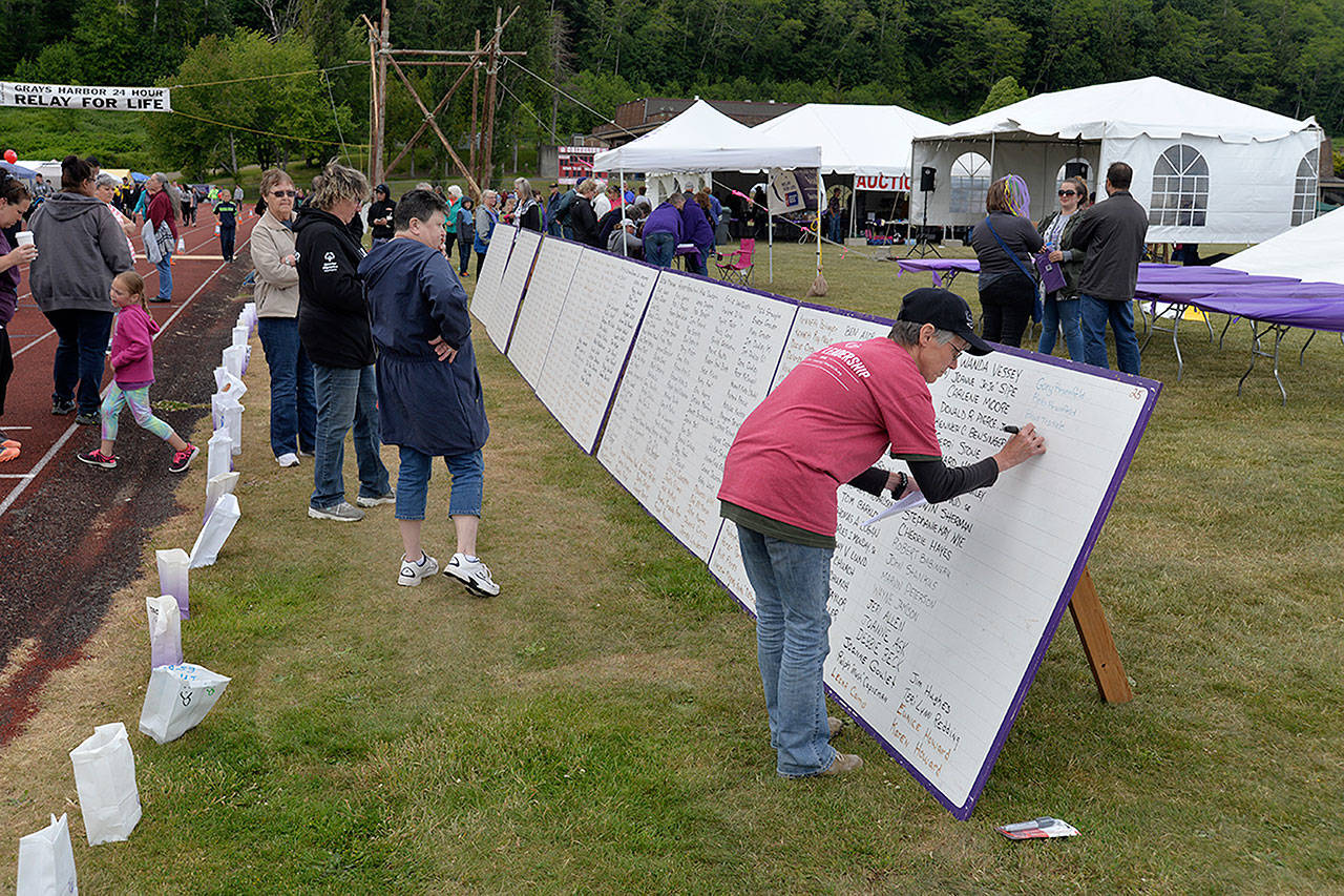 LOUIS KRAUSS | THE DAILY WORLD Someone writes names of those lost to cancer on a board at the Relay For Life in Hoquiam on Friday.