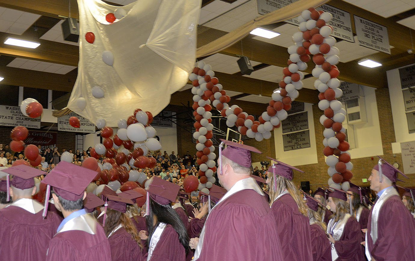 DAN HAMMOCK | THE VIDETTE                                The balloons come down at the end of Montesano High School’s 2018 graduation ceremony Sunday at the Bo Griffith Memorial Gymnasium.