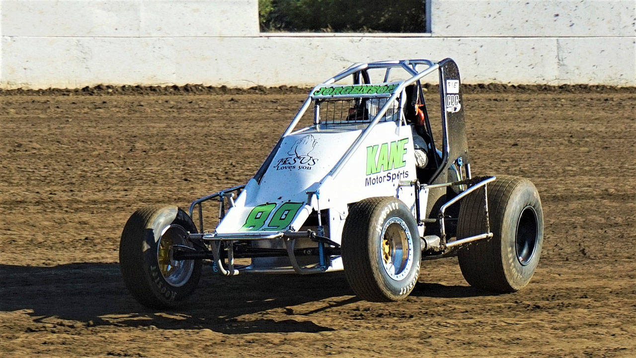 Jonathan Jorgenson races his Wingless Sprint car around a corner in Saturday’s feature race at Grays Harbor Raceway. (Photo by AR Racing Videos)