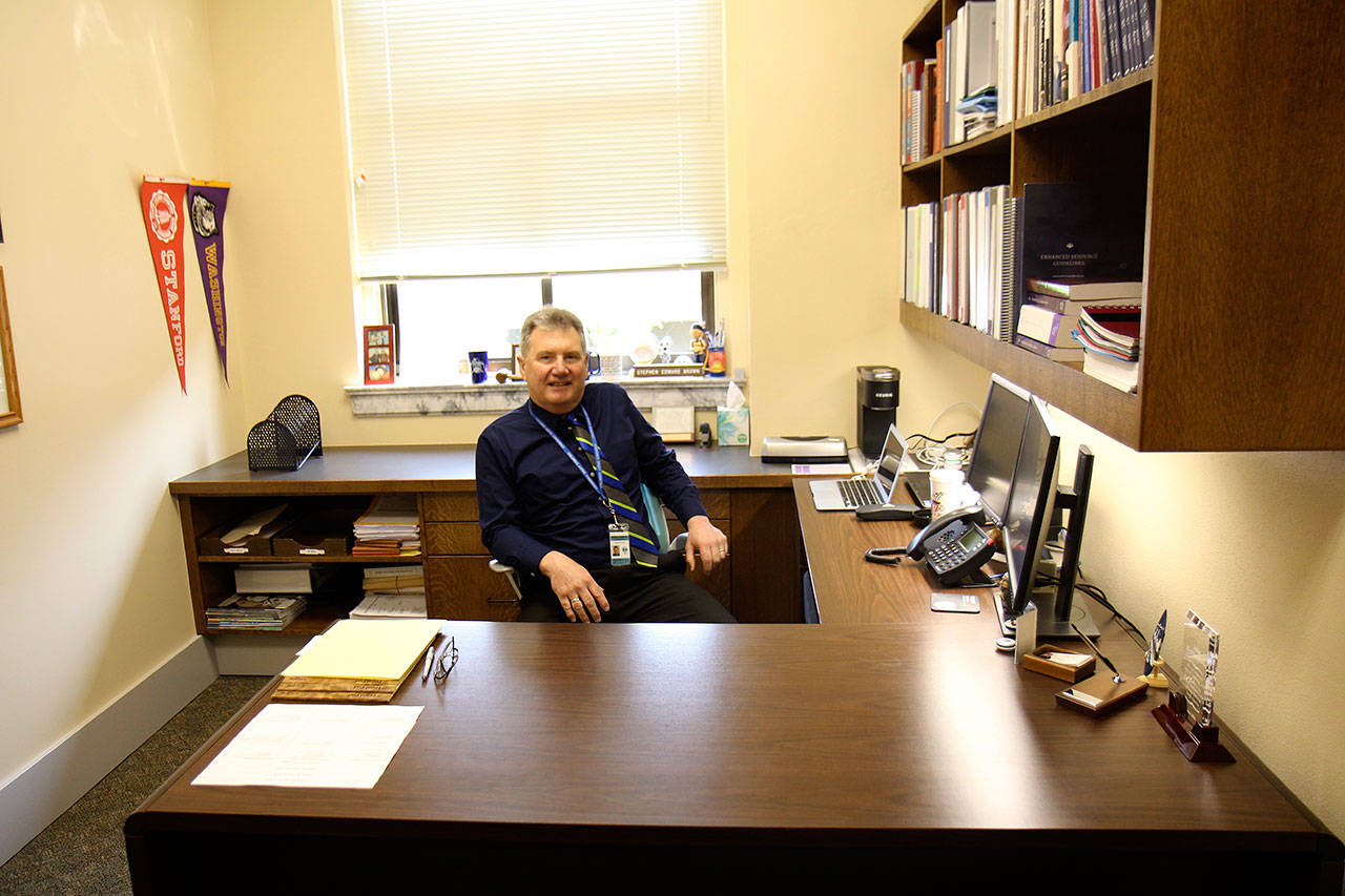 Michael Lang | The Vidette                                Judge Stephen Brown sits in his new office chambers Monday, Aug. 6, outside the new Superior Court courtroom at the County Courthouse in Montesano.