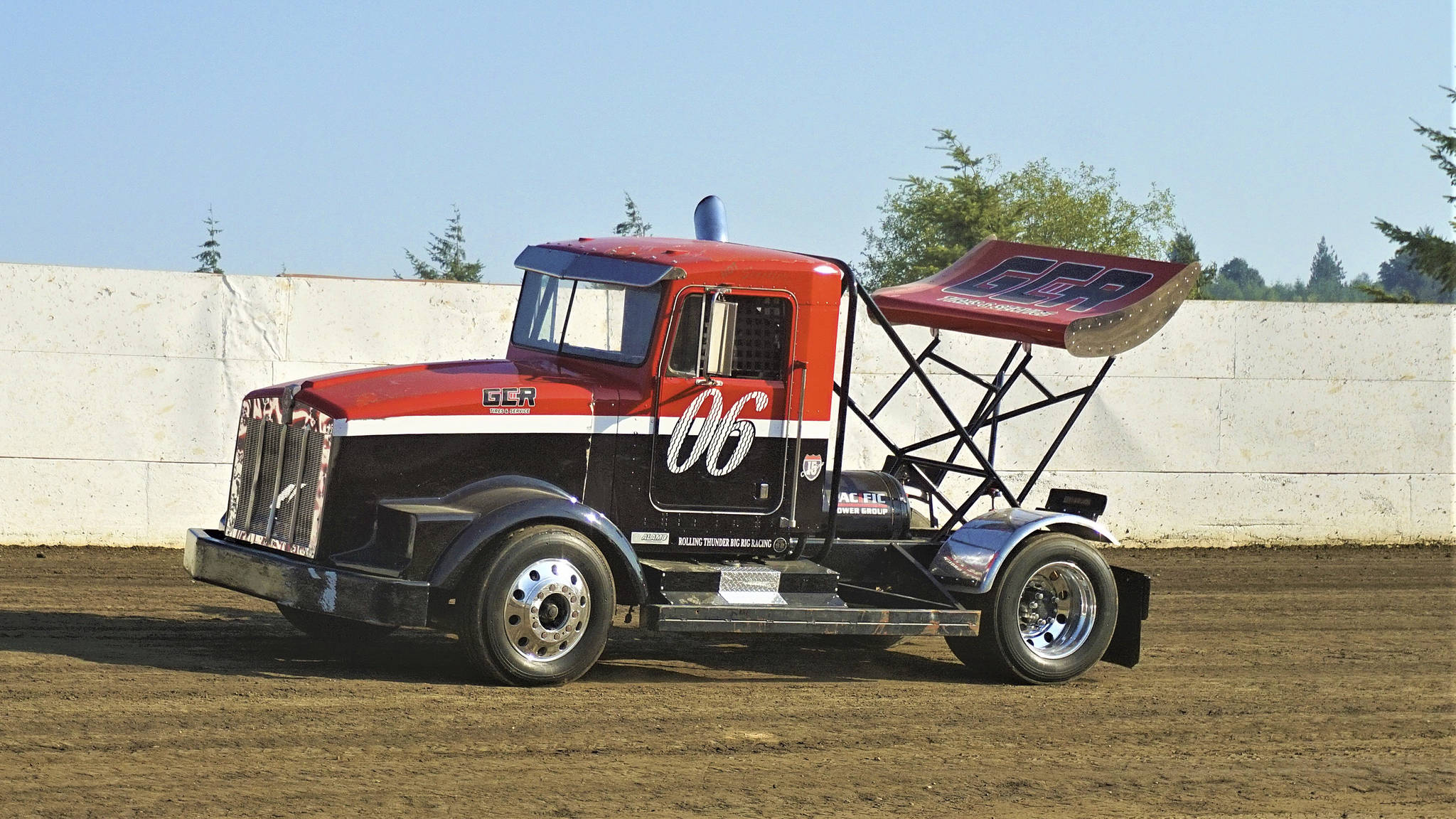 Photo by AR Racing Videos Tom Rayton drives his big rig to victory in the Rolling Thunder Big Rigs race at Grays Harbor Raceway on Saturday.