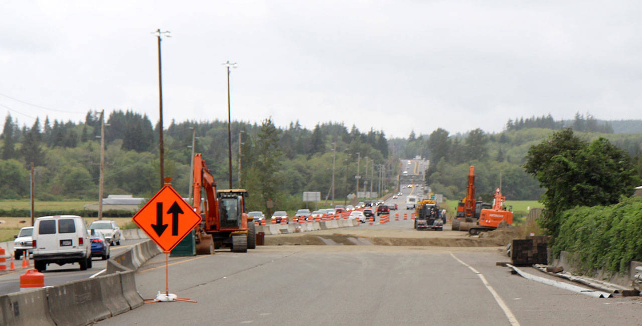 Now that U.S. Highway 12 is narrowed to one lane in each direction just west of Montesano, a work stoppage by the crane operators union has brought construction of a fish passage to a halt. A state Department of Transportation spokeswoman said she did not know when work would resume. Photo taken Thursday, Aug. 12, 2018, by Michael Lang, The Vidette.