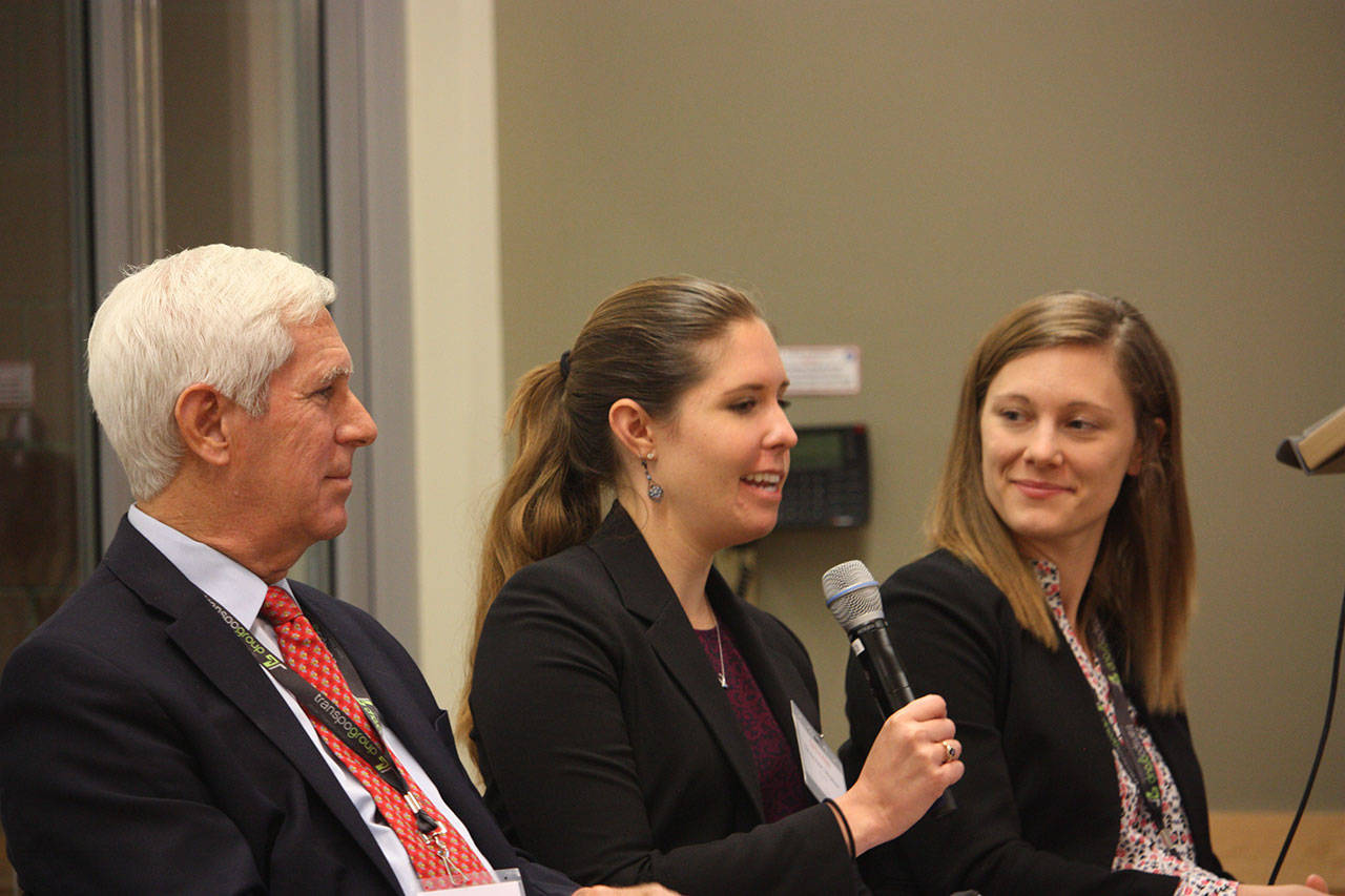 Shannon Walker, center, answers a question from the audience at an autonomous vehicle policy conference on Sept. 19. She was joined in a panel by Steve Marshall, left, and Dr. Anne Brown. Aaron Kunkler/staff photo