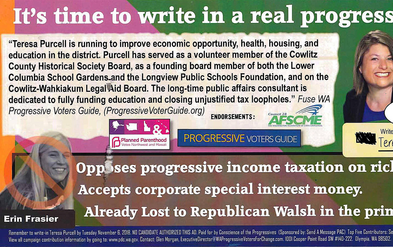 The mailer sent to 19th Legislative District voters urging them to write in Teresa Purcell in place of Erin Frasier in Frasier’s race against incumbent Republican Jim Walsh.