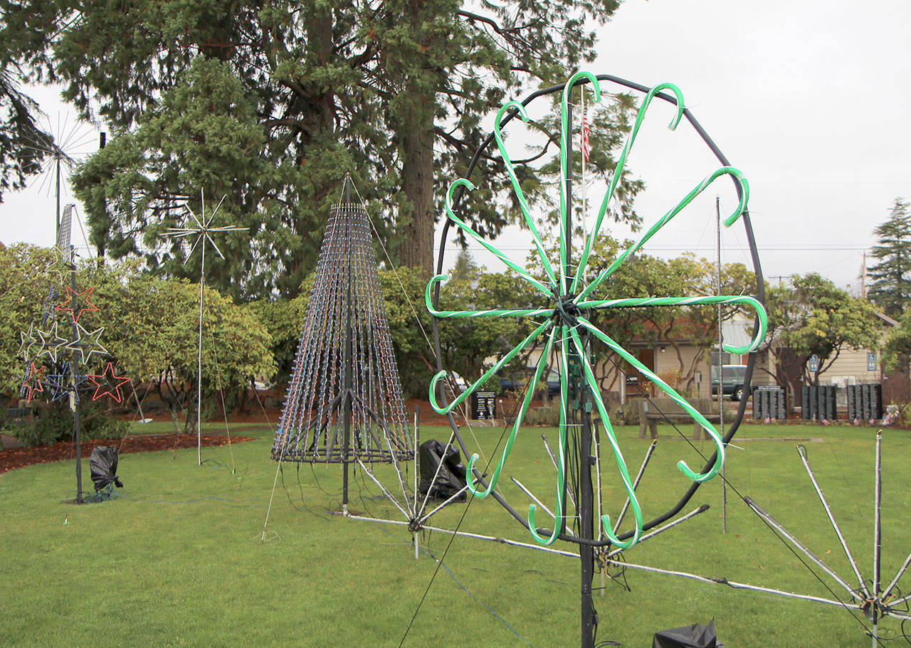 A pinwheel of colored canes is part of the Jingle Lights display Wednesday, Nov. 14, 2018, at Fleet Park in Montesano. The lights will be on display with shows Friday and Saturday nights between Thanksgiving and Christmas. Photo by Michael Lang | Grays Harbor News Group