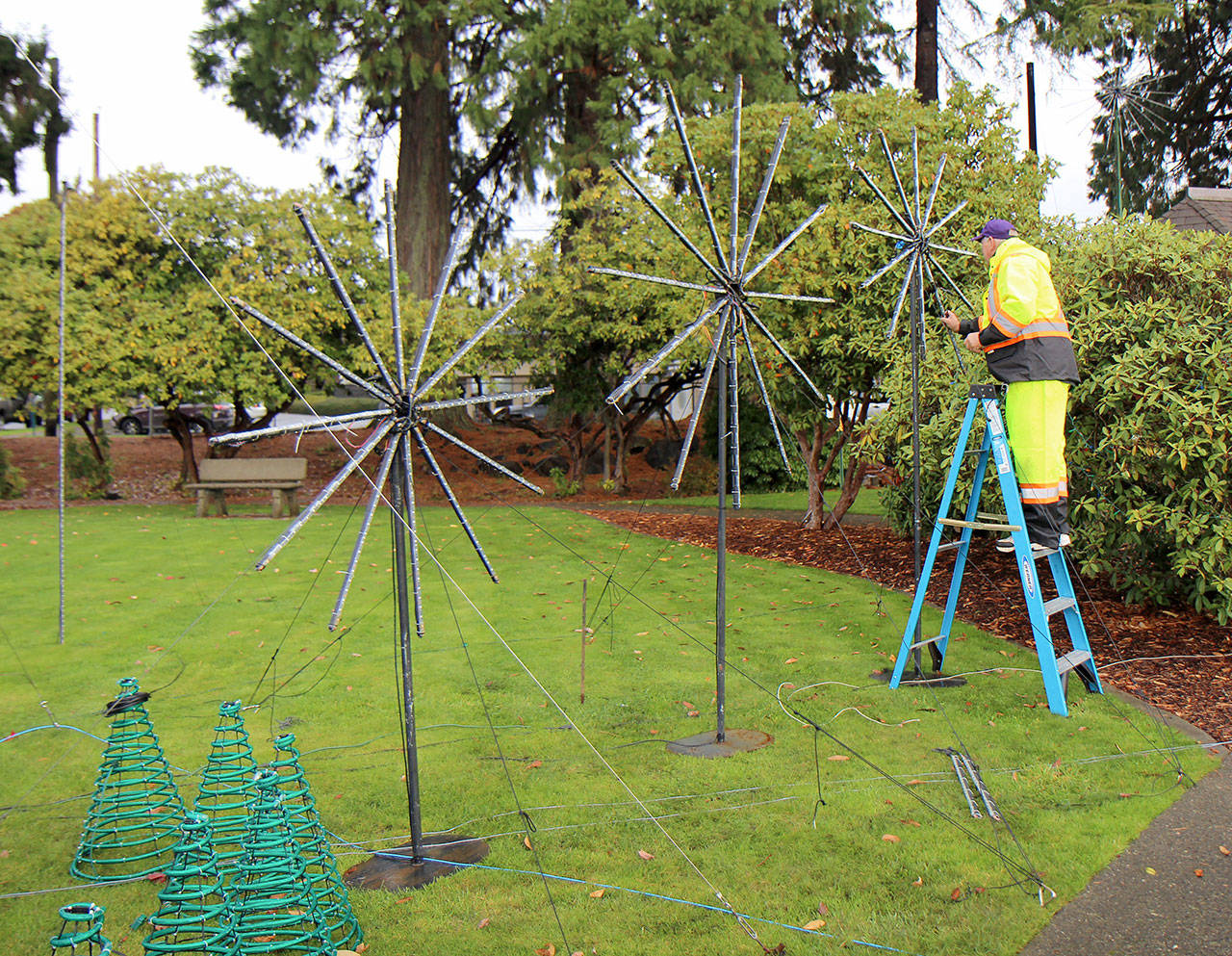 Ken Collins work on the Jingle Lights display Wednesday, Nov. 4, 2018, in Fleet Park in Montesano. Collins, a former tugboater, donated the lights to the city of Montesano after displaying them at his Central Park home for about 12 years. The lights will be on display with shows Friday and Saturday nights between Thanksgiving and Christmas. Photo by Michael Lang | Grays Harbor News Group