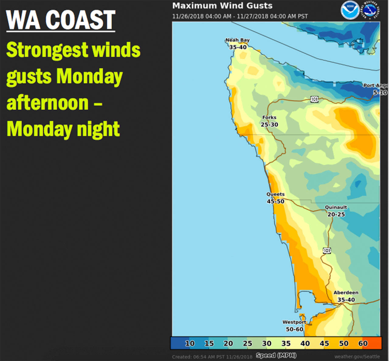 (National Weather Service) This map shows where some areas of Washington’s coast could experience winds of anywhere up to 60 miles per hour this evening.