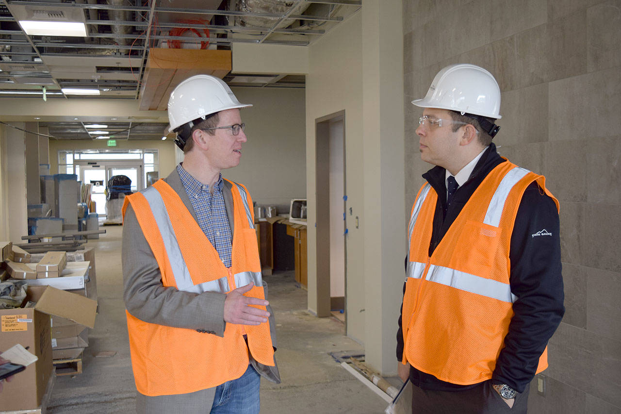 Rep. Derek Kilmer, left, and Summit Pacific Medical Center CEO Josh Martin tour the hospital’s Wellness Center, which is under construction, Monday, Dec. 3, 2018, in Elma. The Wellness Center is slated to open next month. Kilmer was in Elma for an Economic Development and Grants Seminar. Photo courtesy Nichole Pas, Summit Pacific Medical Center