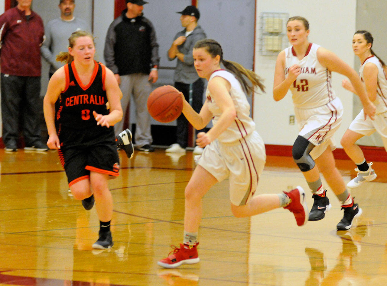 Hoquiam’s Jade Cox runs the break during a game against Centralia on Wednesday. (Ryan Sparks | Grays Harbor News Group)