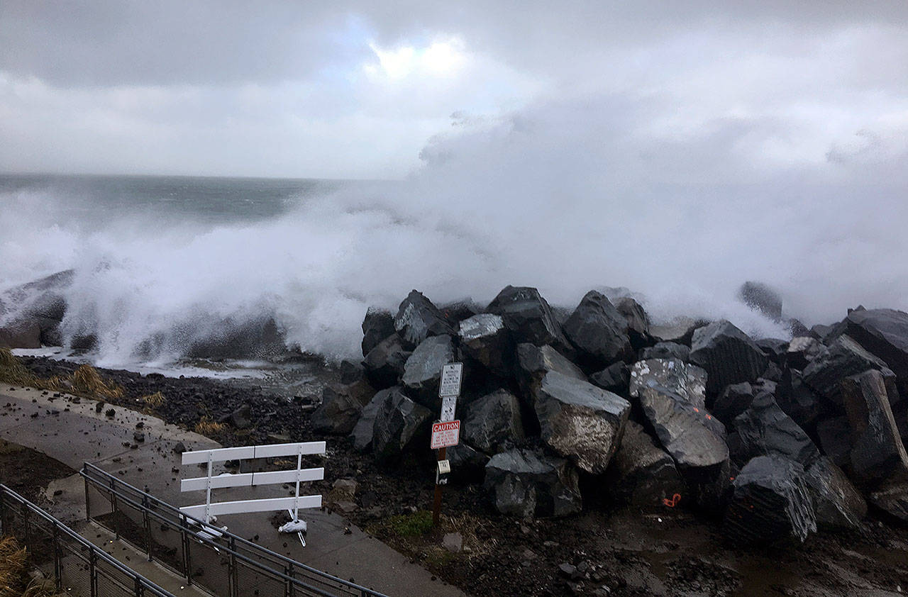 (Dan Hammock | Grays Harbor News Group) Taken from the Westport Viewing Tower, Thursday morning saw towering waves hit along Washington’s coast.