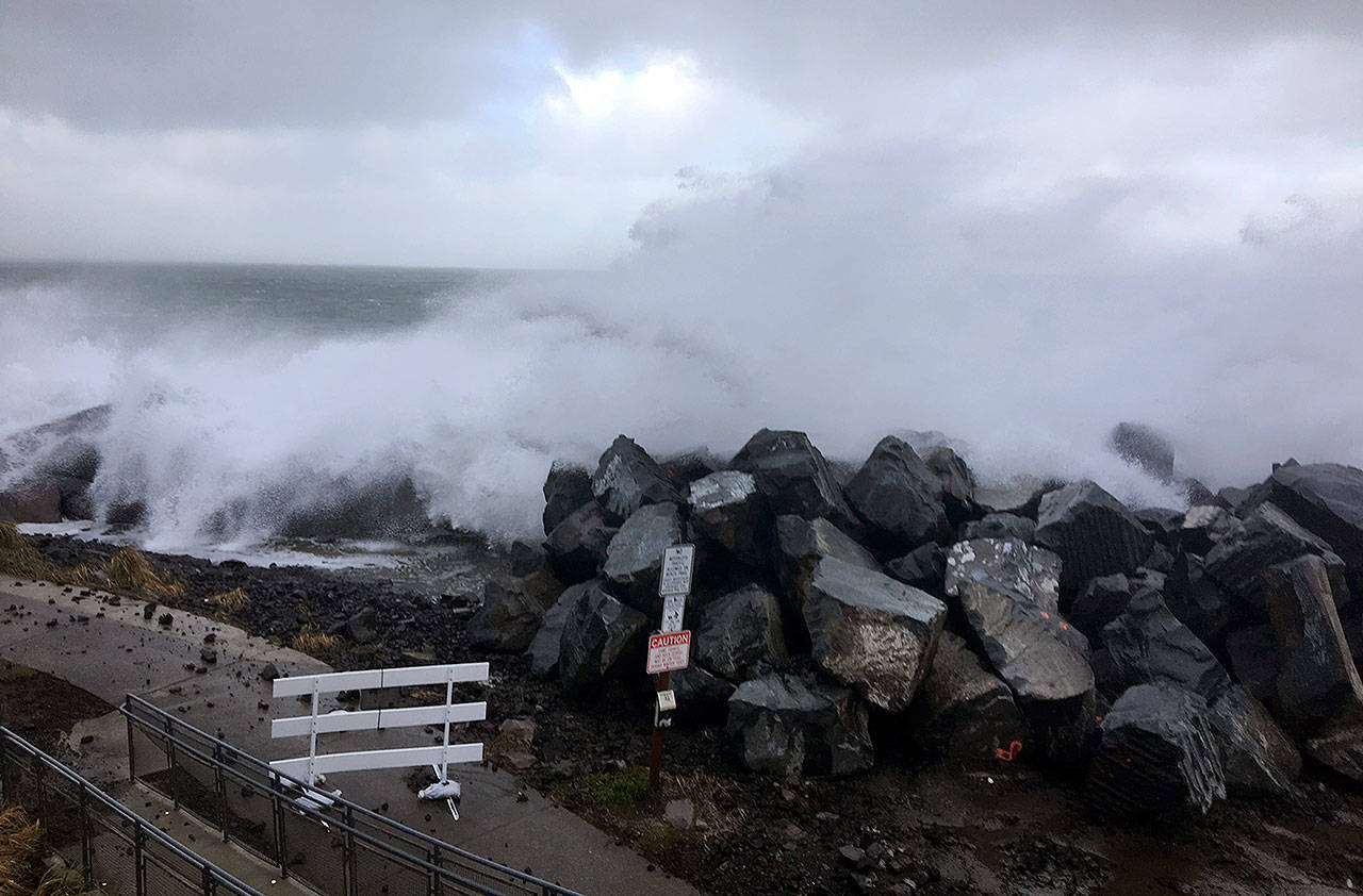 (Dan Hammock | Grays Harbor News Group) Taken from the Westport Viewing Tower, Thursday morning saw towering waves hit along Washington’s coast.