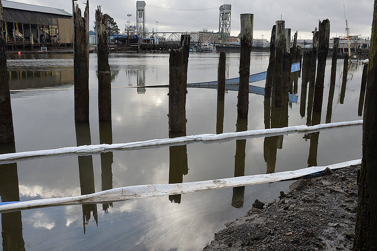 Louis Krauss | Grays Harbor News Group                                A boat sank into the Hoquiam River on Dec. 25, resulting in spilled oil that created a sheen over the water. Floating absorbents (foreground) were deployed by the Washington State Department of Ecology.