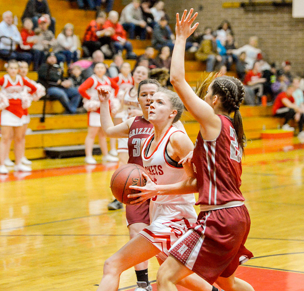 Joshua Hart | The (Longview) Daily News                                The Elma girls basketball team will have to stop Castle Rock freshman point guard Brooke Wirkkala (center) when the two teams face off Friday at 7 p.m. in Elma in the first round of the Class 1A District IV girls basketball tournament. Wirkkala is the Rockets’ second leading scorer and comes off the bench.