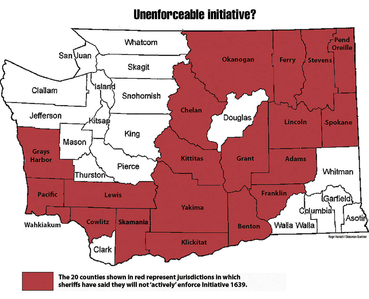 Graphic shows counties where law enforcement won’t actively enforce the gun control measure. – Courtesy of Statesman-Examiner